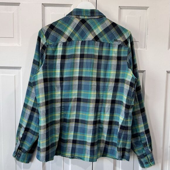 MARMOT Flannel Shirt XL Button Up Turquoise Plaid Cotton Knit Blend Garpcore EUC - Picture 2 of 10